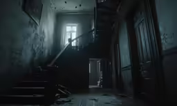 a dark stairwell with a person in it looking out the window