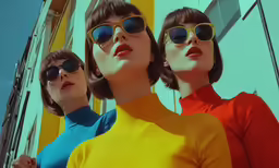 three women wearing bright colors sunglasses, one is looking up