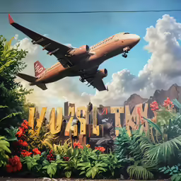 a huge airplane flying above a sign for a jungle park