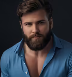 a bearded man in a blue shirt