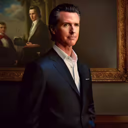 a painting of a man wearing a tux,man in a suit standing next to an art work