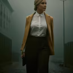a woman in suit and tie walking down a street