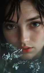 a close up of a woman with dark hair and blue eyes