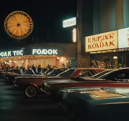 an old photograph of cars outside a building with a ferris wheel behind it