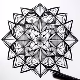 an intricate piece of art made out of triangular shapes,a drawing made with the shape of an intricate pattern,drawing lines with black pen and ink with simple shapes,this drawing is a piece of art and has a circular element,some abstract design drawn by a marker pen