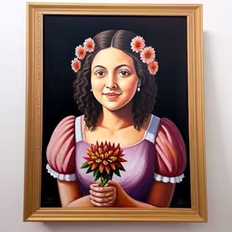 a portrait of a woman holding flowers in her hand,a portrait of a woman holding a flower in a frame