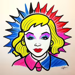 the woman is wearing a red shirt and colorful tie,drawing of woman with colorful abstract hair,a drawing of a woman