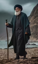 an old man stands on the beach with a stick
