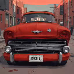 an old red car is parked on the side of the street,a red car is parked in front of a red building