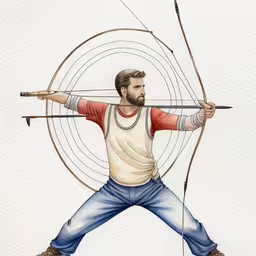 a drawing of a man with a bow and arrows,a man in a white shirt is holding an archery bow