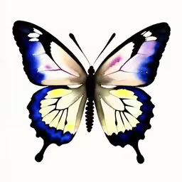 a painting of a blue and white butterfly on a white background