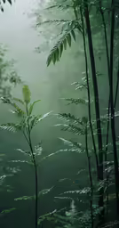 green foliage stands in a misty field as fog looms
