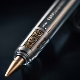 a pen with a gold filigree is sitting on a black table