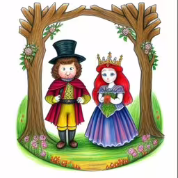 a drawing with people dressed up in colorful clothes and a top hat,a painting depicting a little boy and girl in costumes