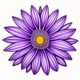 a drawing of a purple flower,a drawing of a purple flower with a yellow center,the colorful flower is painted in a drawing technique,purple flower with yellow center on a white background,a drawing of a purple flower