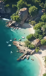 an aerial view of a beach with lots of rocks