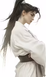 a person with long hair wearing a white dress