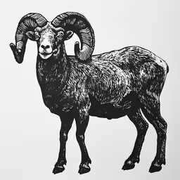 a ram standing on top of a white surface,an animal that is in the middle of a black and white drawing