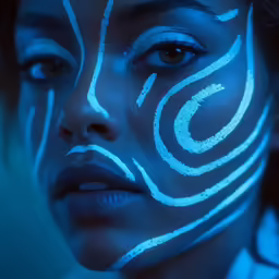 a woman with face painted in blue and white