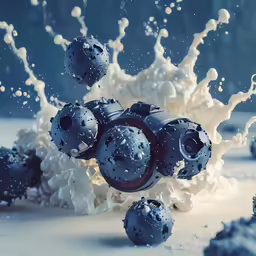 blue bubbles and white bubbles next to a bottle of milk