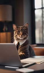 a cat sitting in front of a laptop on a table