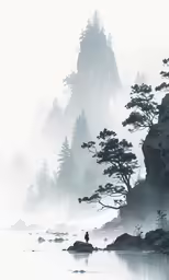 a forest of pine trees is shown in the mist