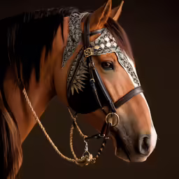 a brown horse with a black and white harness