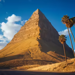 two tall mountains next to the road with trees on each side