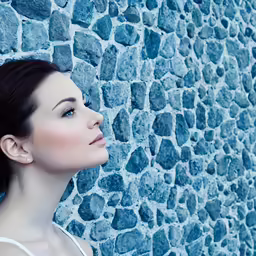 the girl is posing in front of a stone wall
