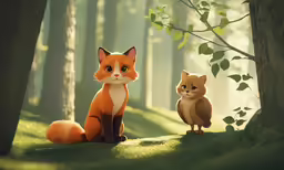 an owl and fox sitting on a grass hill in the woods