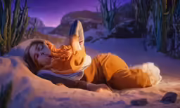a girl that is laying down in the sand