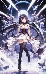 a cartoon girl standing on a rock in front of a sky full of stars