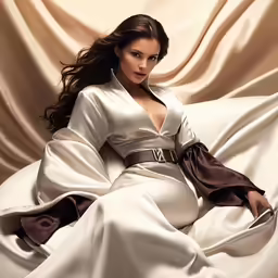 a woman posing in a long white dress