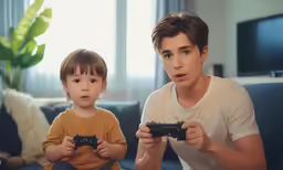 a boy holding up two video game controllers while another holds up his hand