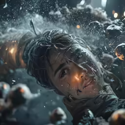 the boy is under snow falling down