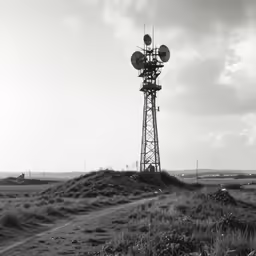 the old radio tower is in a field