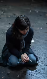 a woman sitting on a wet ground holding an open cigarette