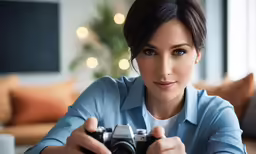 a lady in blue holds up her camera