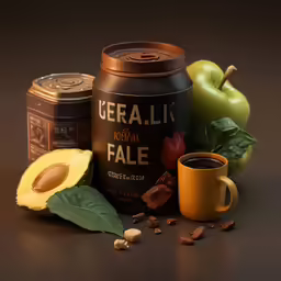 an apple and some other snacks, coffee and nuts on a black surface