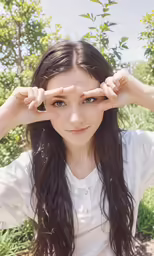 the woman in a white shirt is holding her fingers over her eyes