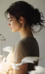 woman holding up a bird cage with a bird on top