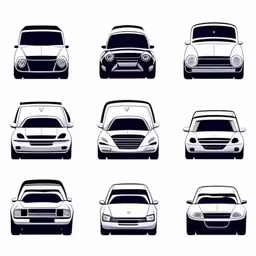 eight different cars are shown in black and white,various front view car silhouettes with shadows,a set of eight different color cars,car silhouettes drawn on white paper with black lines,four different angles of the same car from one perspective to another
