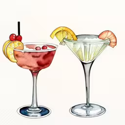 two cocktails are shown in their different colors,two alcoholic drinks with ice watercolor painting,two glasses of different cocktails, one with lemon, the other with cherry and lemonade,a drawing of two cocktails next to each other,two cocktails sitting next to each other