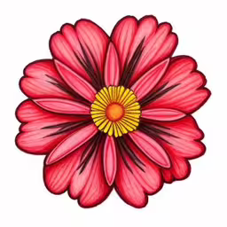 this is a picture of a drawing of a flower,an artistic picture of a pink flower with a yellow center,the flower is colored in red, yellow and black,a drawing of a red flower with yellow centers,a red flower with a black strip in the middle