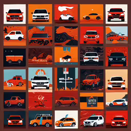 multiple vehicles are shown together on this poster,several colorful cars are shown in various frames