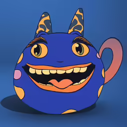 a drawing of a blue mug with a orange face