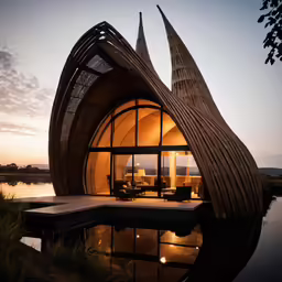 the house has two large pods and is next to the water