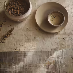 a cup of coffee next to a bowl of seeds