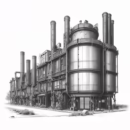 a large industrial building sitting in front of a tree
