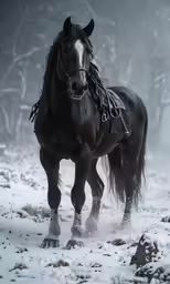 a horse standing in the snow in a snowy forest